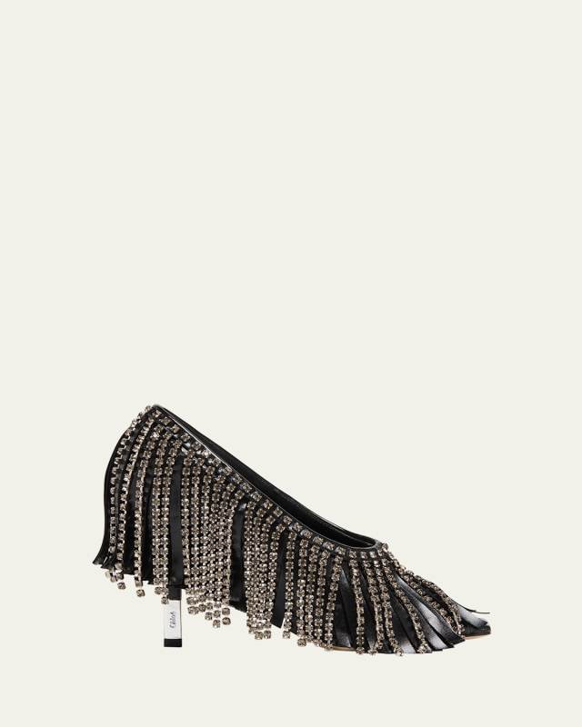 Mona Leather Strass Fringe Peep-Toe Pumps